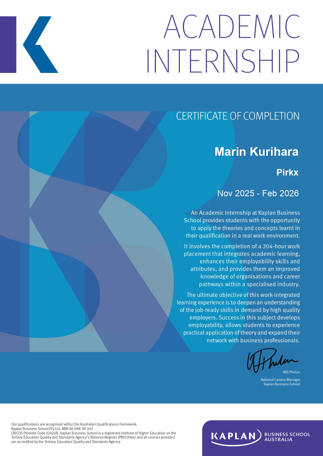Academic Internship Certificate